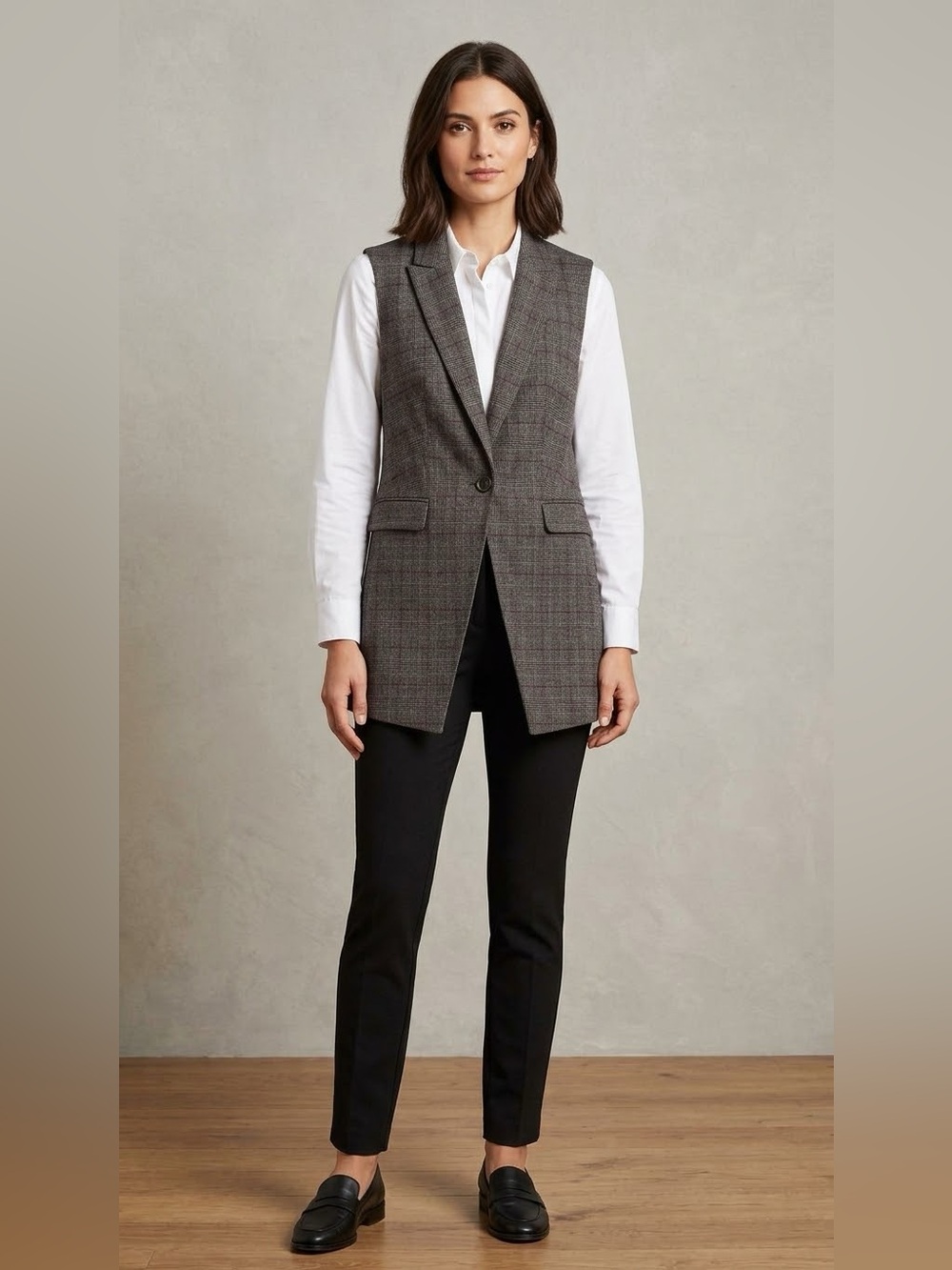 Ann Taylor Women’s Plaid Longline Blazer Vest XS Business Luxury Old Money